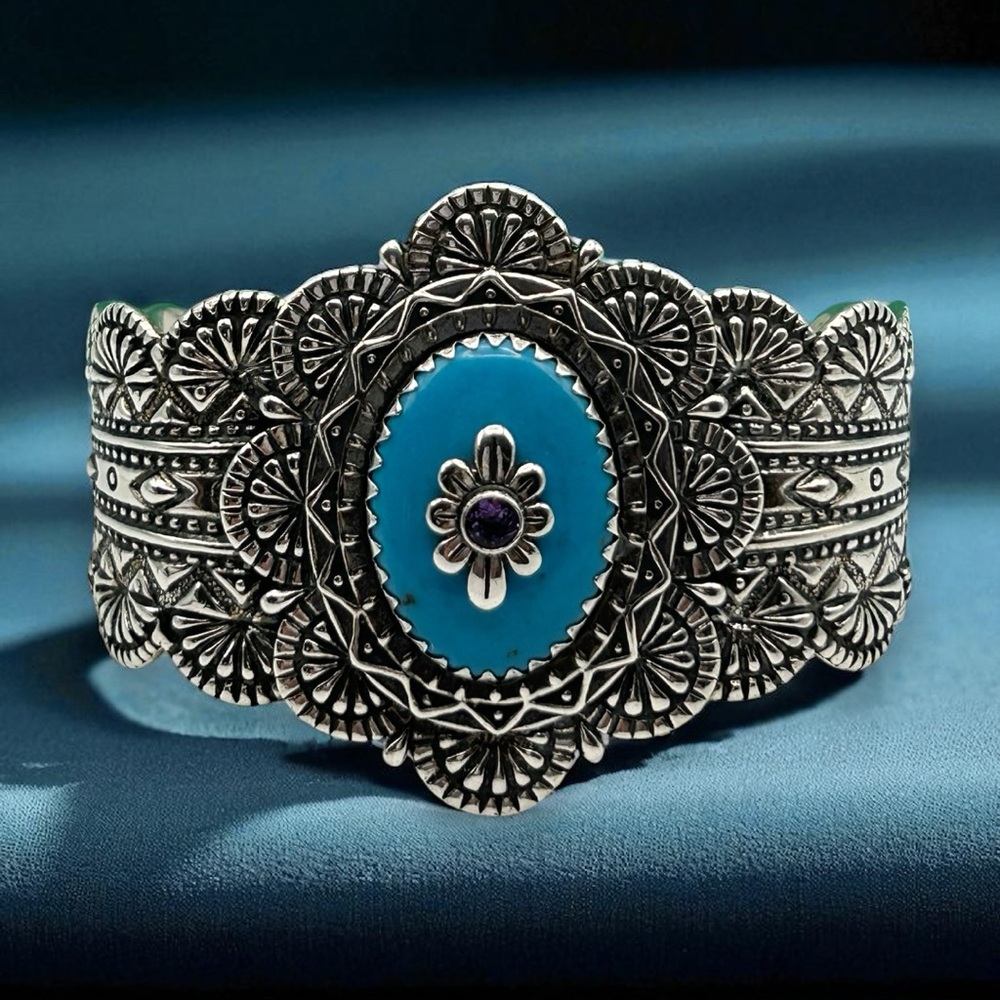 Carolyn Pollack 925 Sterling Silver Turquoise & Amethyst Ornate Cuff Bracelet 7”